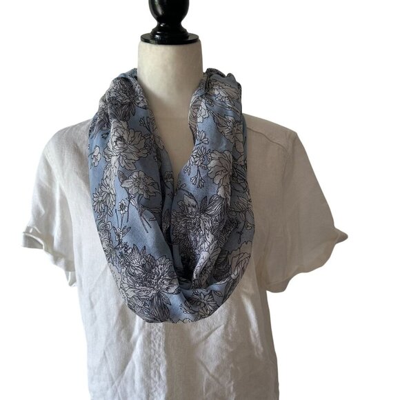 Floral Blue White Oblong Scarf Lace Trim Lightweight Long Wrap Hijab Bloomcore - Picture 9 of 13